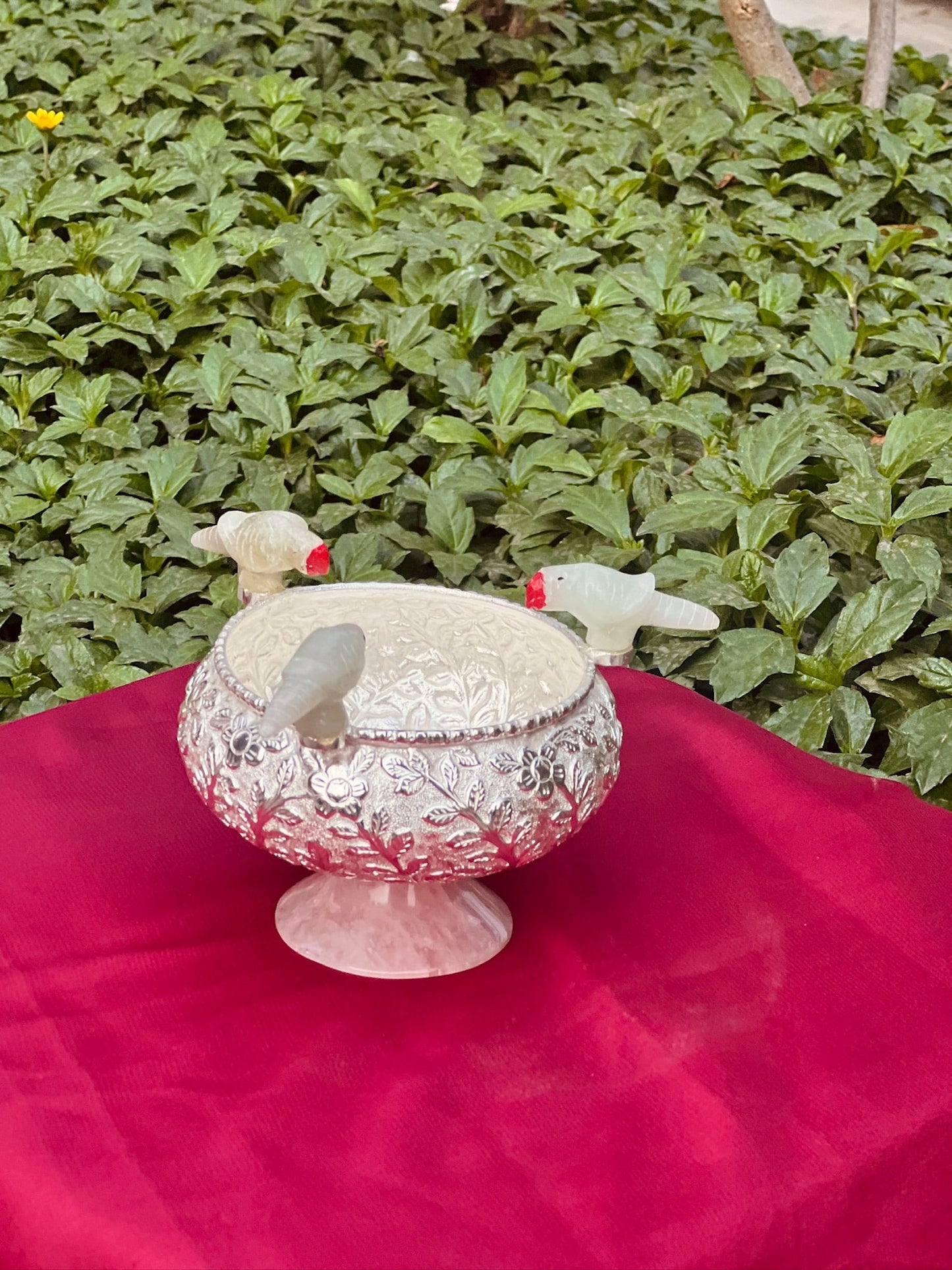 Luxurious Silver Plated Handcrafted Bowl with Rose Quartz Stone Base and Stone Parrots