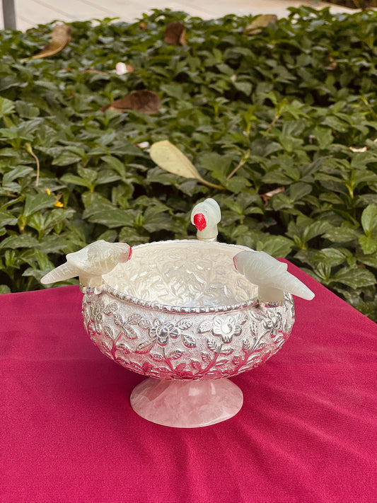 Luxurious Silver Plated Handcrafted Bowl with Rose Quartz Stone Base and Stone Parrots