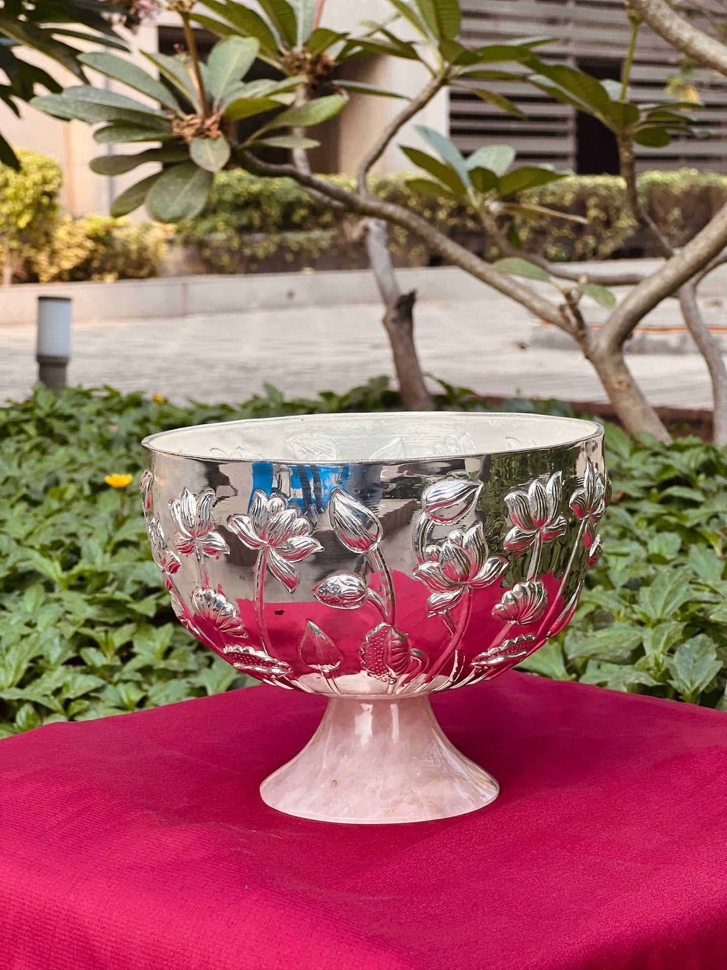 Luxurious SIlver Plated Rose Quarts Stone Base Bowl