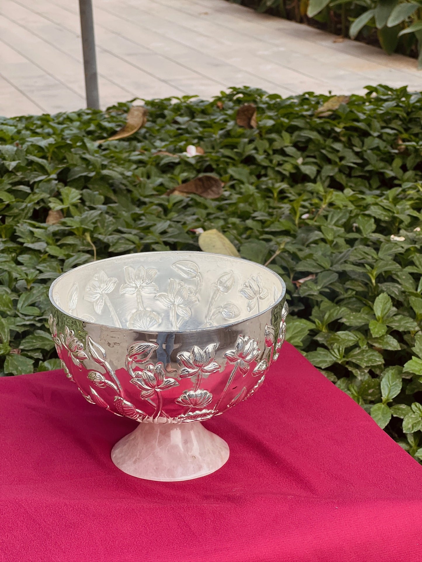 Luxurious SIlver Plated Rose Quarts Stone Base Bowl