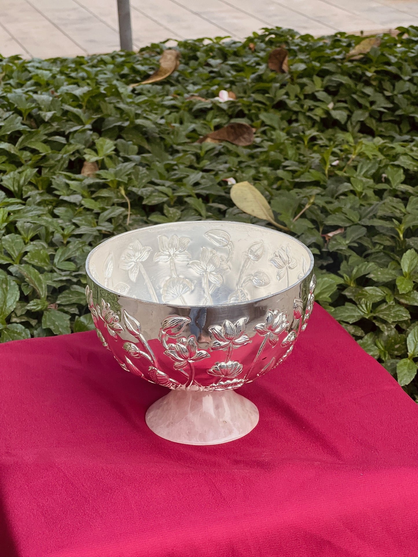Luxurious SIlver Plated Rose Quarts Stone Base Bowl