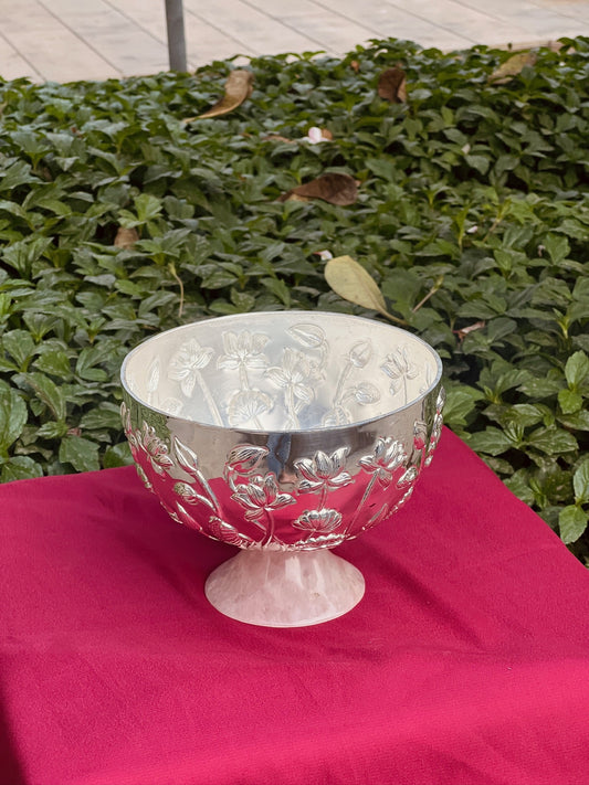 Luxurious SIlver Plated Rose Quarts Stone Base Bowl
