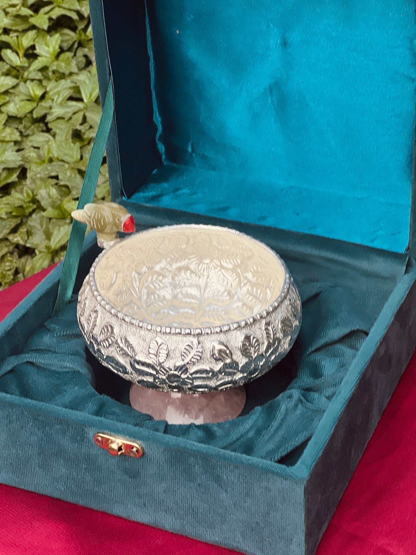 Luxurious SIlver Plated  Stone Base Bowl with Stone Green Parrot