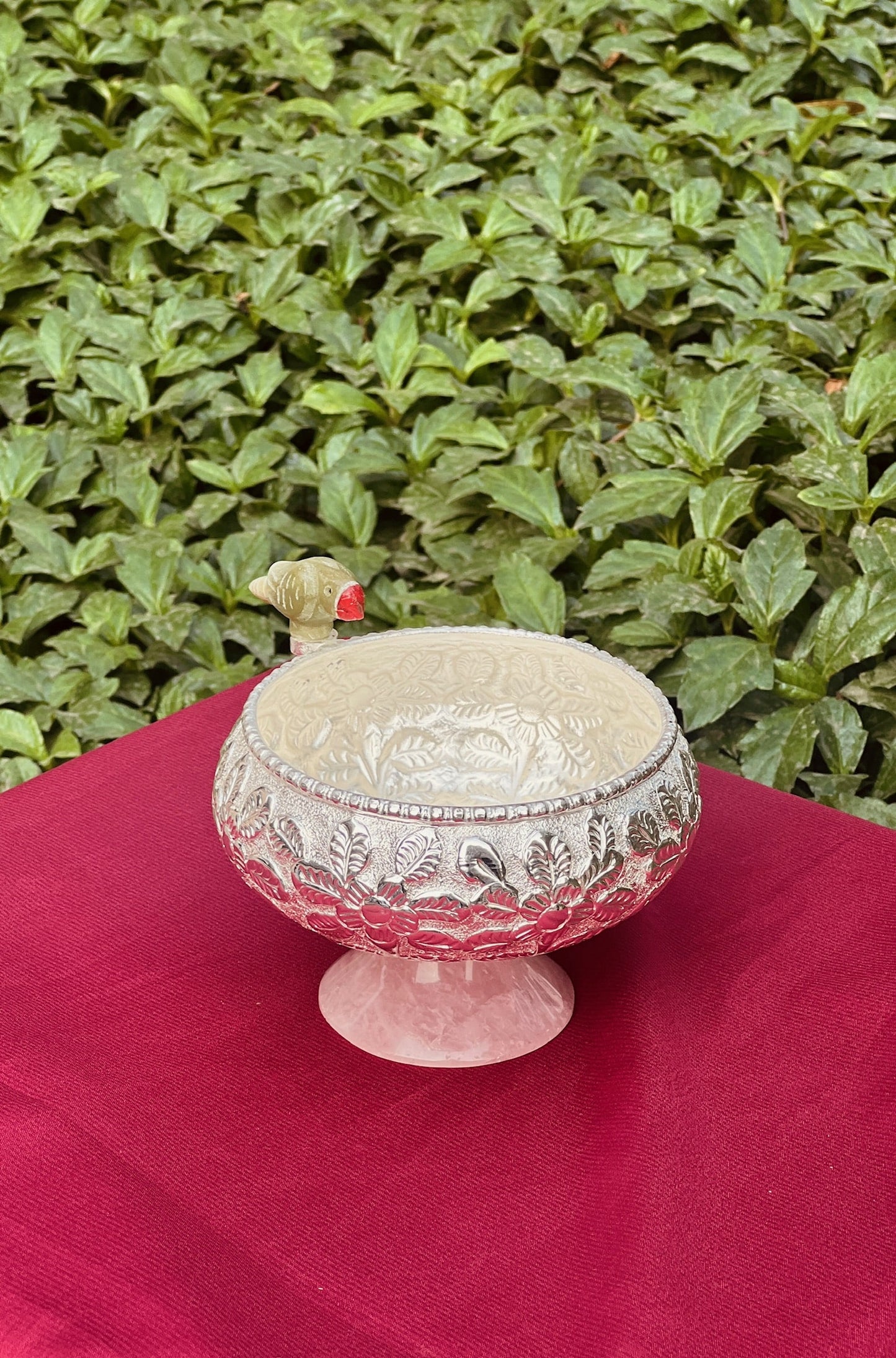 Luxurious SIlver Plated  Stone Base Bowl with Stone Green Parrot