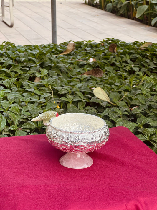 Luxurious SIlver Plated  Stone Base Bowl with Stone Green Parrot