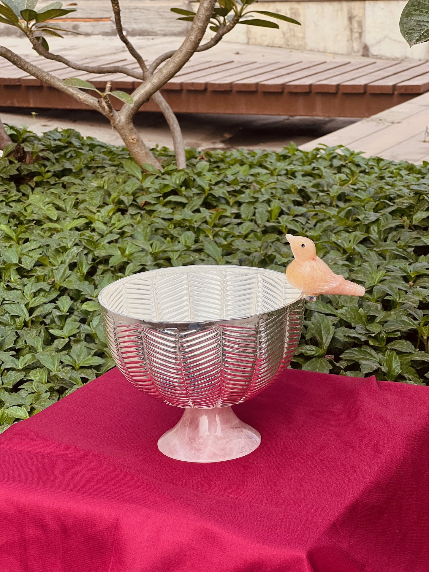 Luxurious SIlver Plated  Stone Base Bowl with Stone Bird