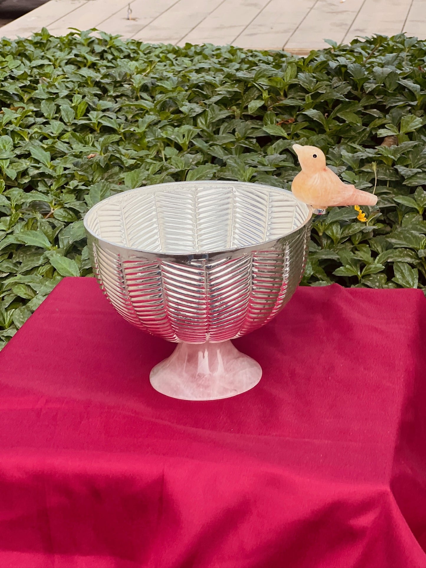 Luxurious SIlver Plated  Stone Base Bowl with Stone Bird
