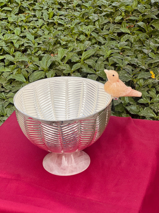 Luxurious SIlver Plated  Stone Base Bowl with Stone Bird