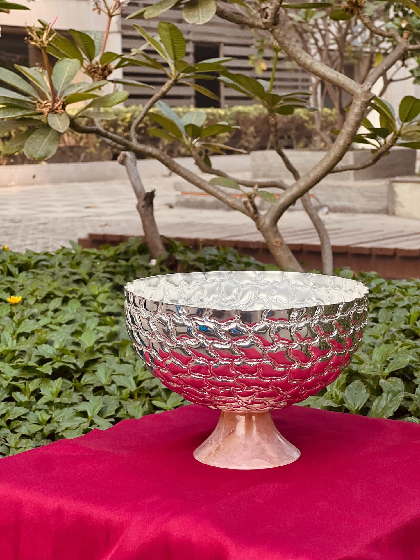 Luxurious SIlver Plated Rose Quarts Stone Base Bowl