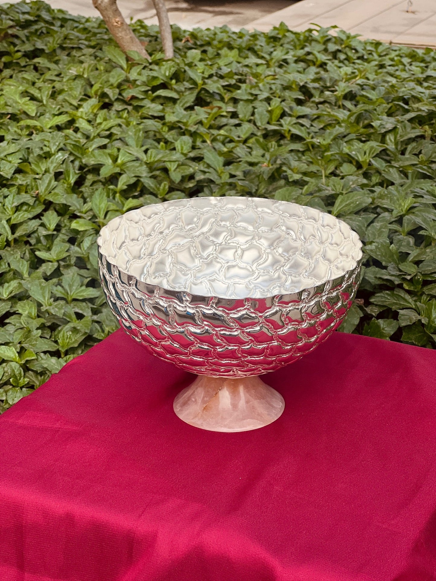 Luxurious SIlver Plated Rose Quarts Stone Base Bowl