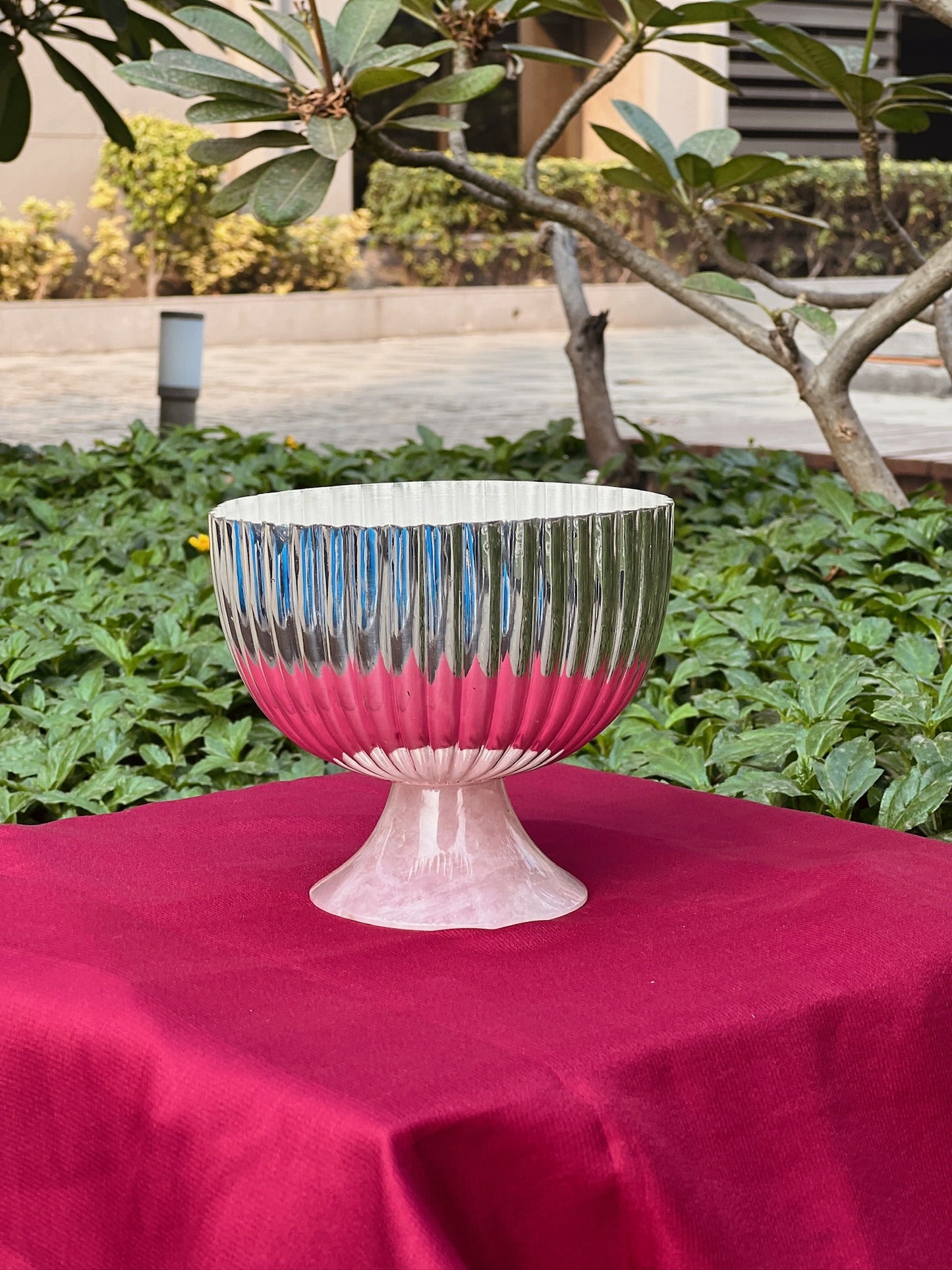 Luxurious SIlver Plated Rose Quarts Stone Base Bowl