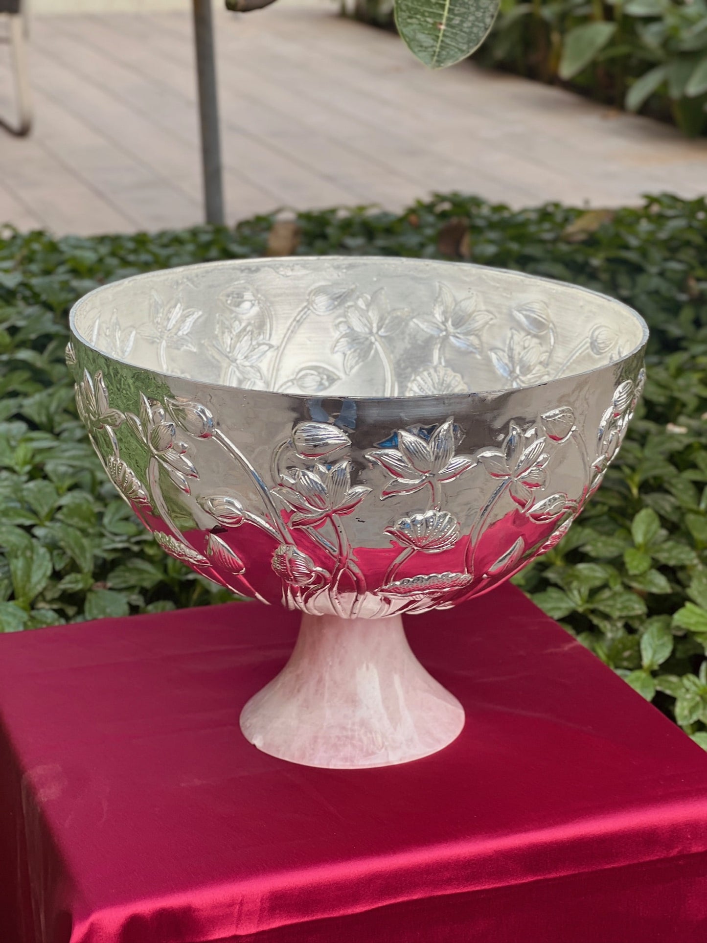 Luxurious SIlver Plated Rose Quarts Stone Base Bowl-Big Size