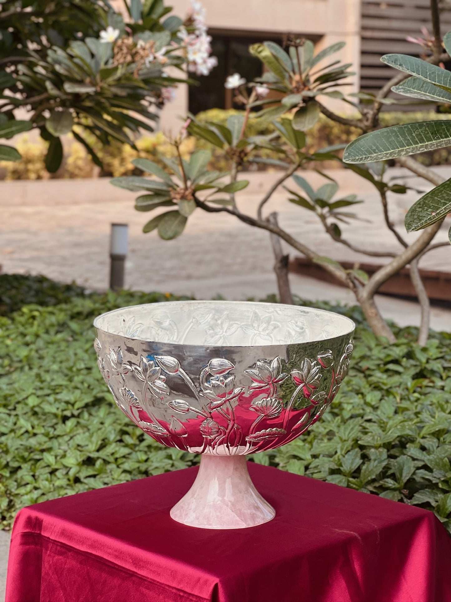 Luxurious SIlver Plated Rose Quarts Stone Base Bowl-Big Size