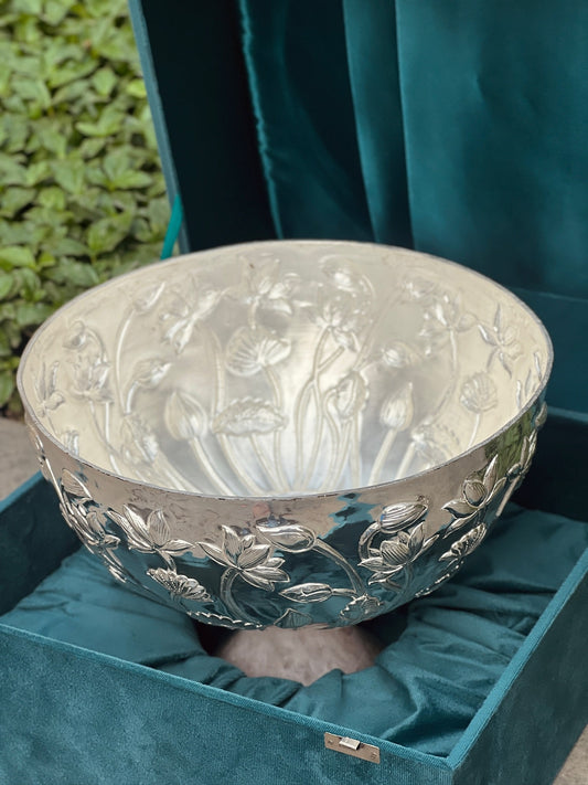 Luxurious SIlver Plated Rose Quarts Stone Base Bowl-Big Size
