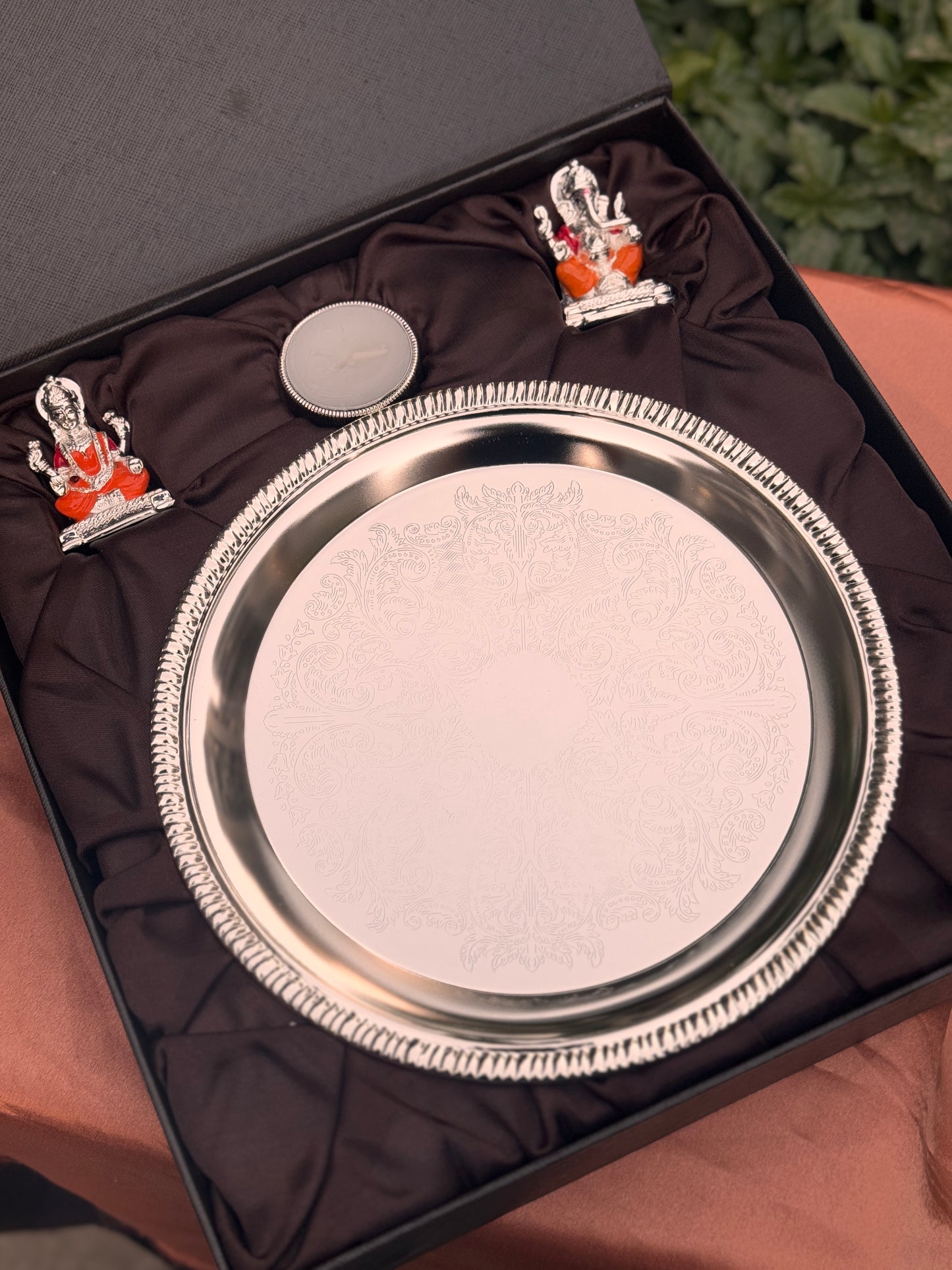 Silver Plated Pooja Thali with Lord Ganesha and Maa laxmi Idol