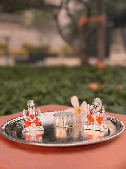 Silver Plated Pooja Thali with Lord Ganesha and Maa laxmi Idol