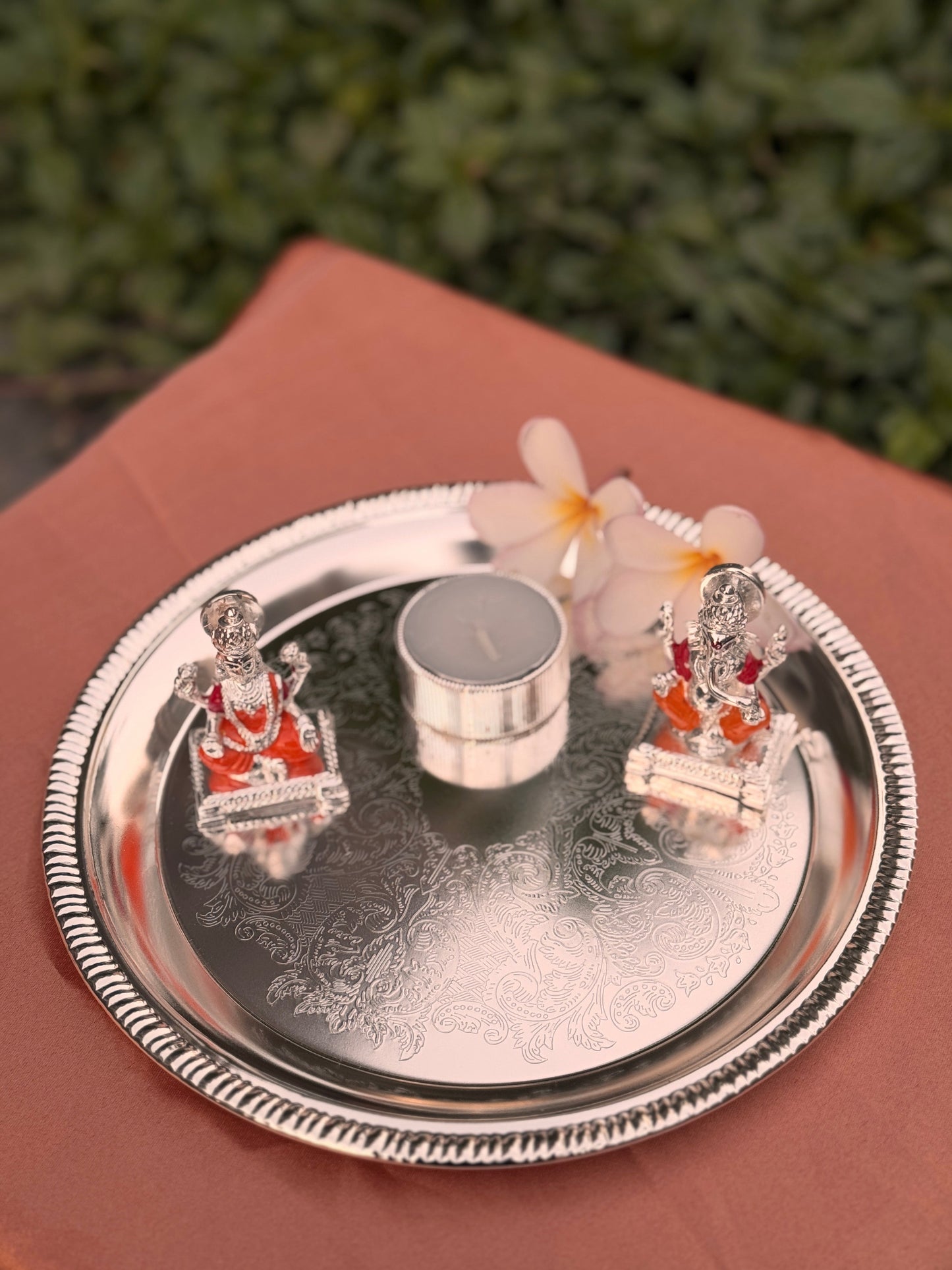 Silver Plated Pooja Thali with Lord Ganesha and Maa laxmi Idol
